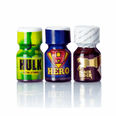Super Hero HAMMER-Paket: Hero Poppers 10ml, Hulk Ultra Strong Poppers 10ml und Black Tiger Gold Poppers 10ml! Mega Combo zum attraktiven Preis ist das ultimative Angebot für deinen Poppers-Extra-Kick! Hulk Ultra Strong Poppers, Hero Poppers und Black Tiger Gold Poppers sind hergestellt auf Basis Pentylnitrit und werden auch dich und deine Freunde begeistern. Super Poppers Heros!